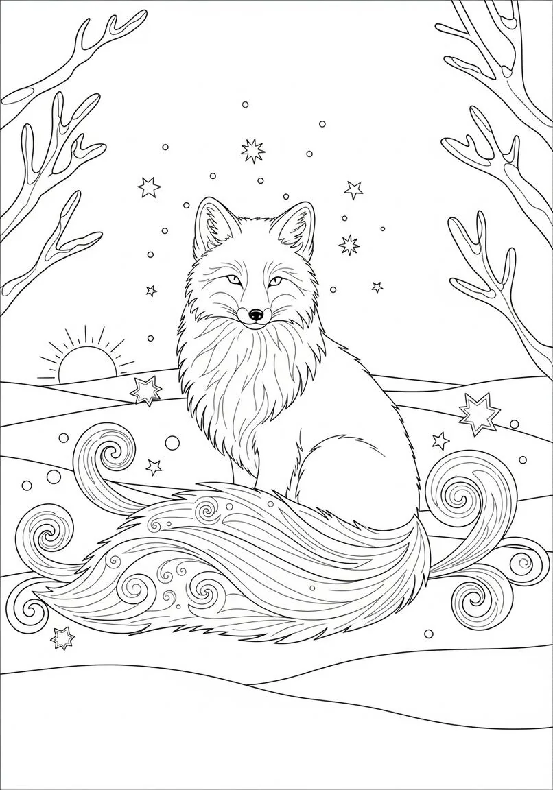 Magical Arctic Fox Winter Morning Coloring Page