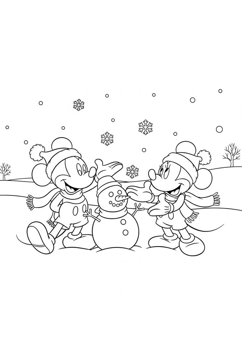 Mickey and Minnie Mouse Snow Day Fun Coloring Page
