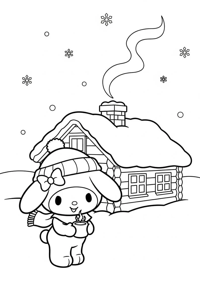 My Melody Cozy Cabin Winter Coloring Page