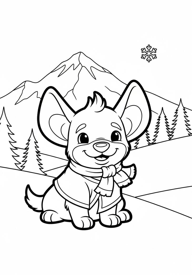 Playful Labubu in Snowy Mountain Coloring Page