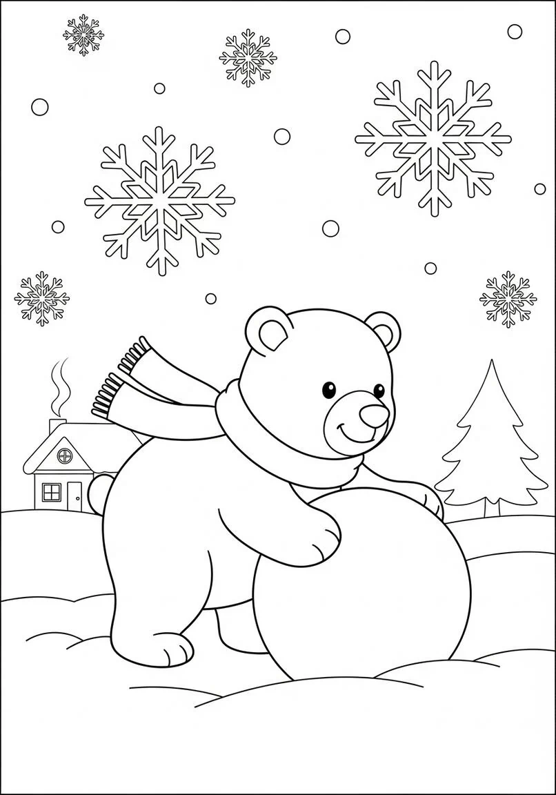 Playful Polar Bear Rolling Snowball Fun