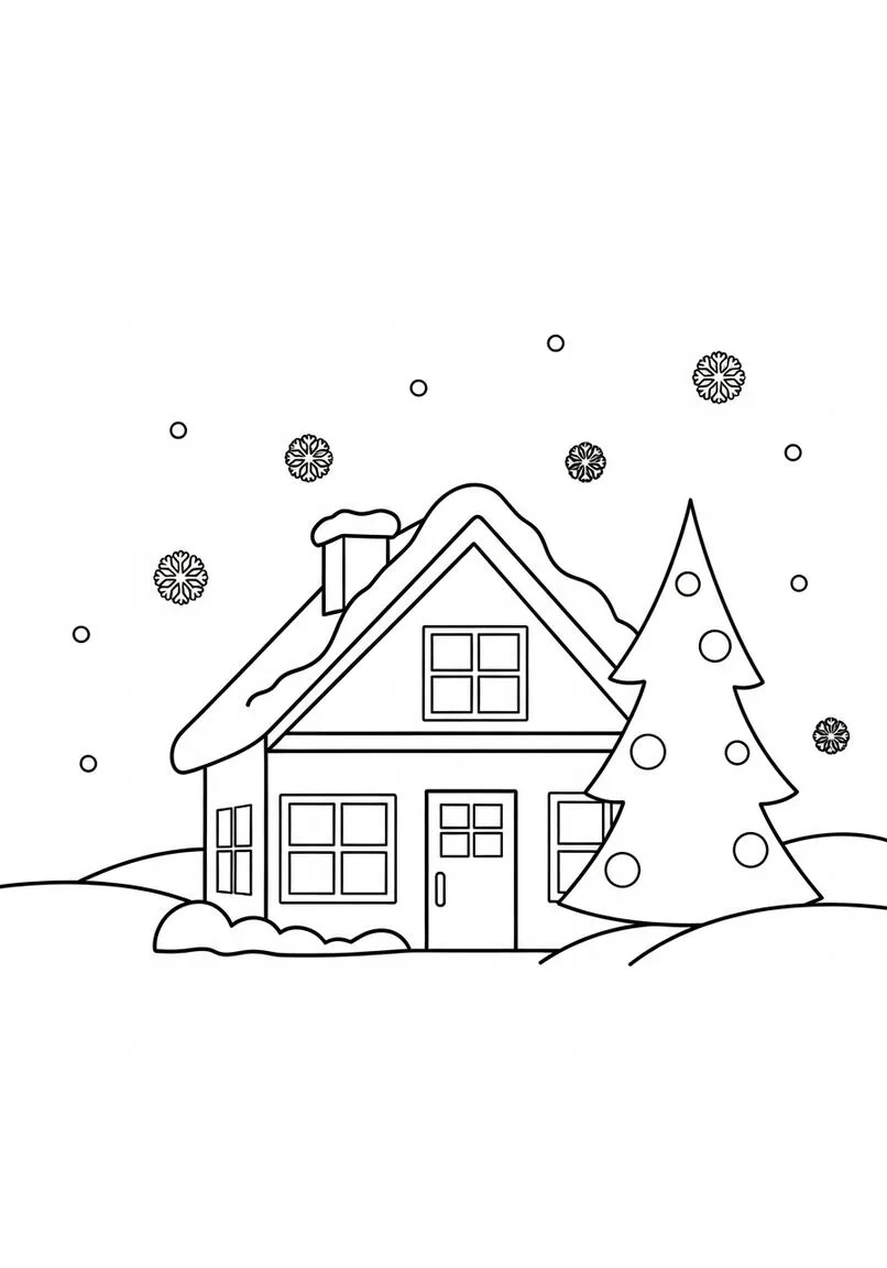Simple Cozy Christmas House Outline Coloring Page