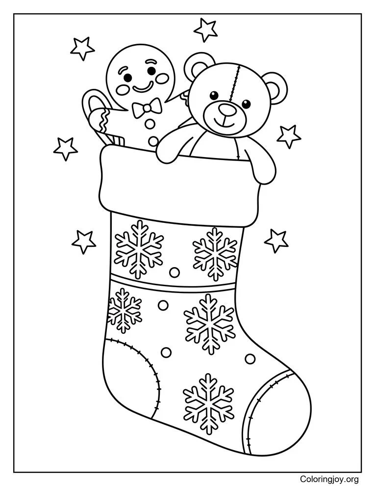 Snowflake Stocking with Gingerbread Man and Teddy Bear Coloring Page