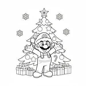 Super Mario Christmas Scene with Santa Hat Coloring Page