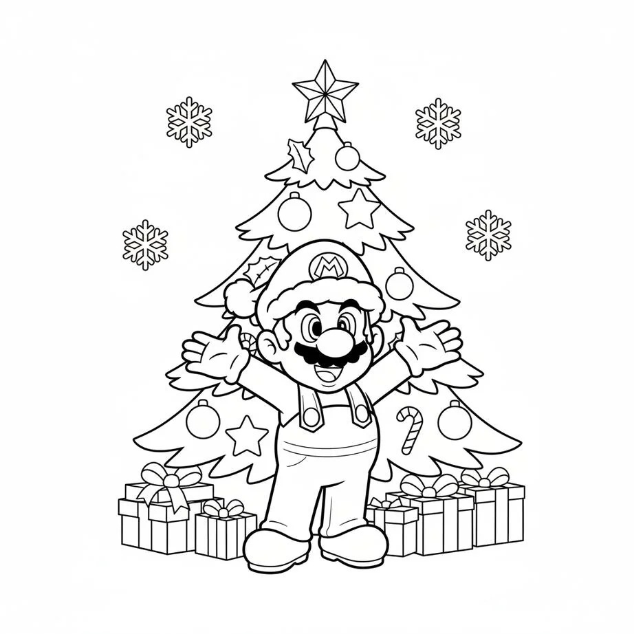 Super Mario Christmas Scene with Santa Hat Coloring Page