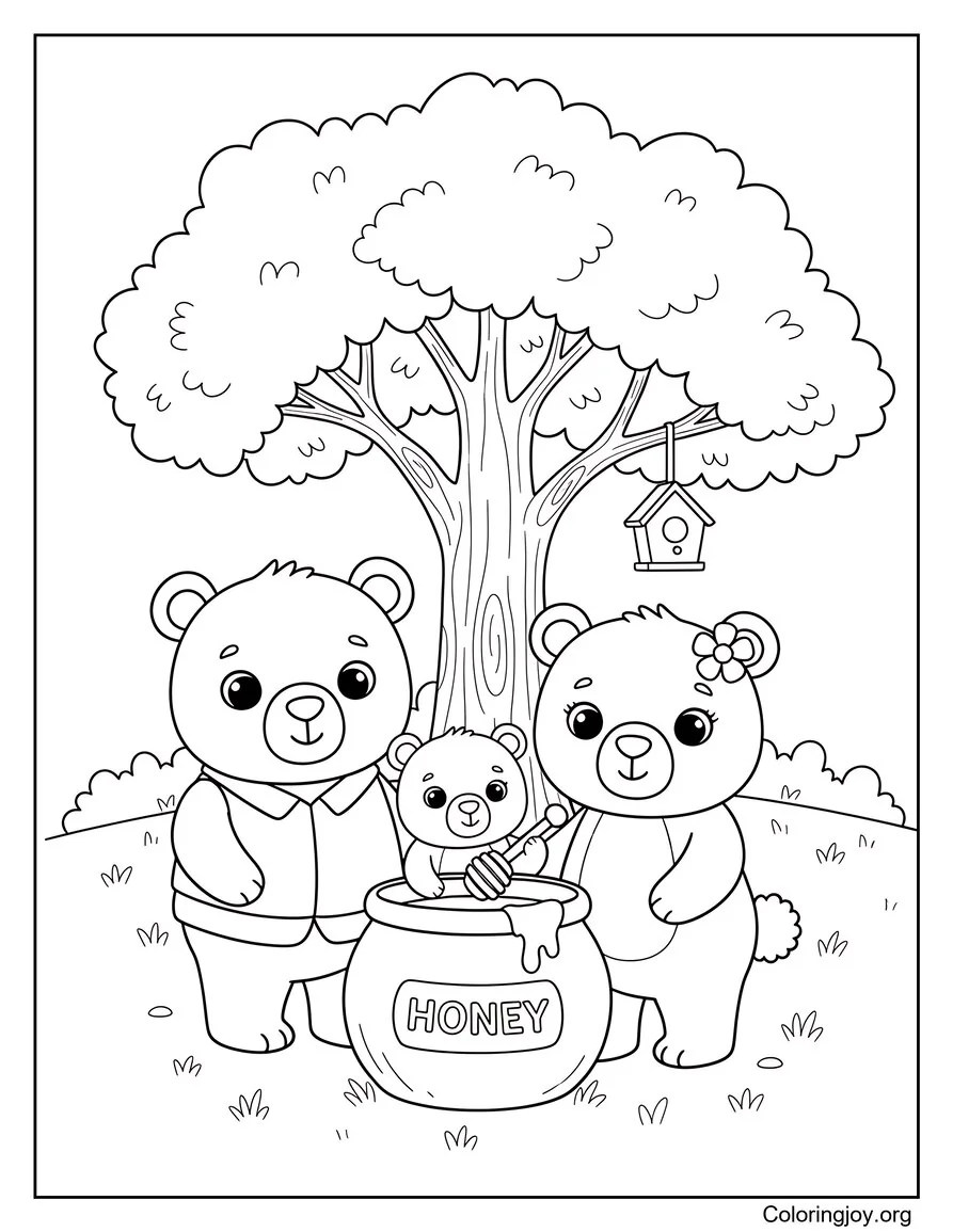 Three Bears Sharing Honey Under a Tree