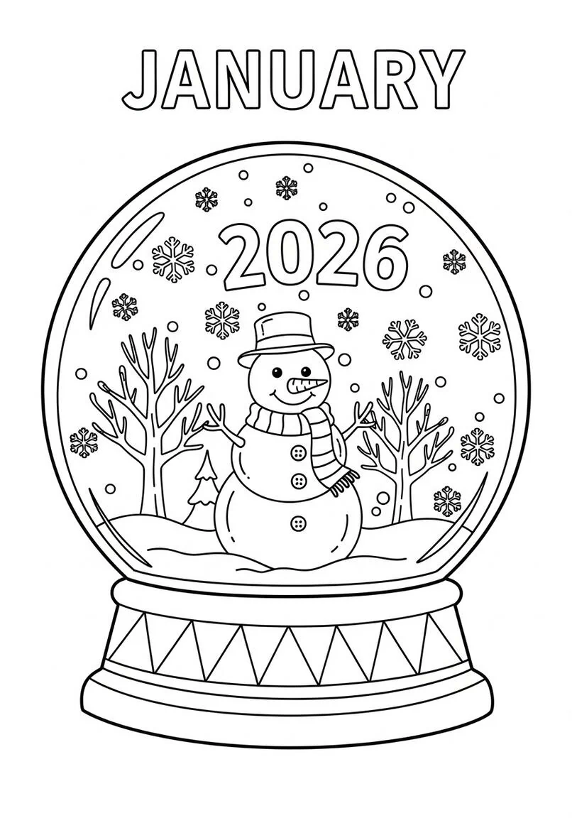 Whimsical January Snow Globe with Friendly Snowman 2026