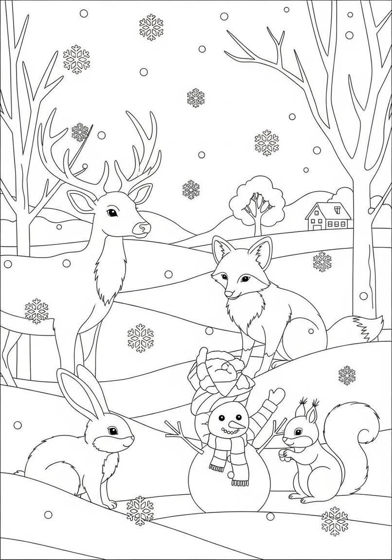 woodland animals in snow coloring pages