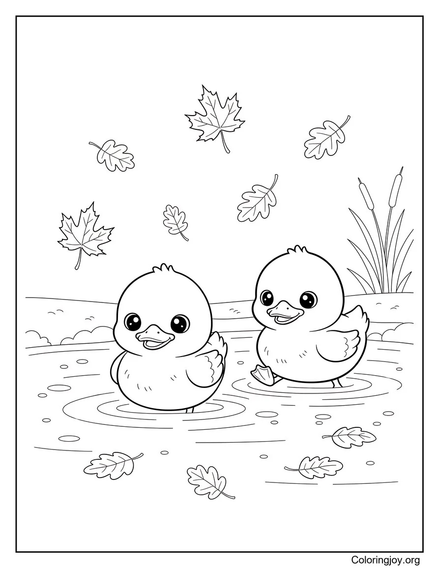 This autumn scene shows two ducklings exploring falling leaves.