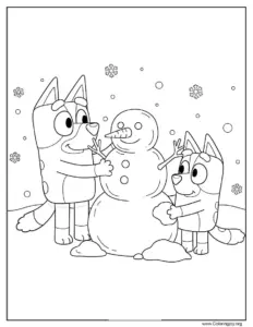 Bluey and Bingo Building a Snowman Coloring page