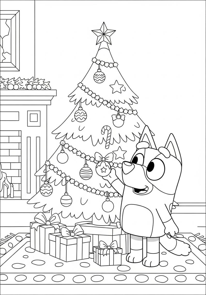 Bluey Christmas Tree Coloring Page .