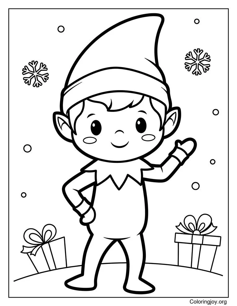 Chibi Elf on the Shelf Waving Christmas Coloring Page