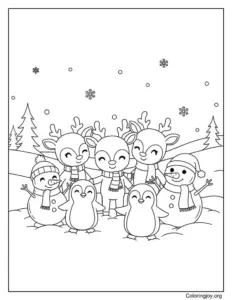 Reindeer celebrating Christmas with penguins and snowmen coloring page