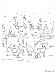 Reindeer family walking through a winter forest coloring page