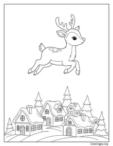 Reindeer flying over a small Christmas village coloring page