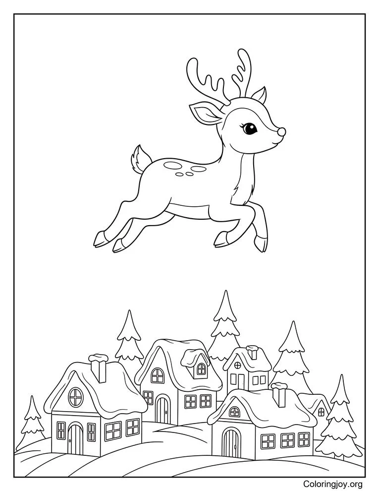 Reindeer flying over a small Christmas village coloring page