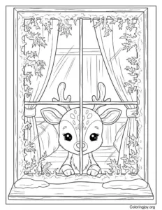 Reindeer peeking through a frosty window coloring page