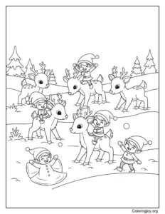 Reindeer playing in the snow with elves coloring page