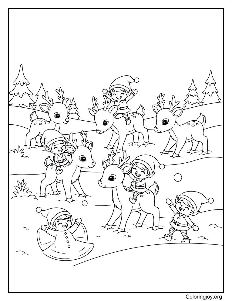 Reindeer playing in the snow with elves coloring page