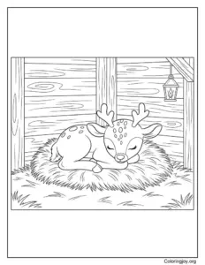 Reindeer resting inside a cozy stable on Christmas Eve coloring page