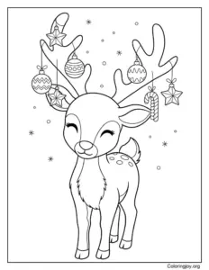 Reindeer with Christmas ornaments hanging from antlers coloring page