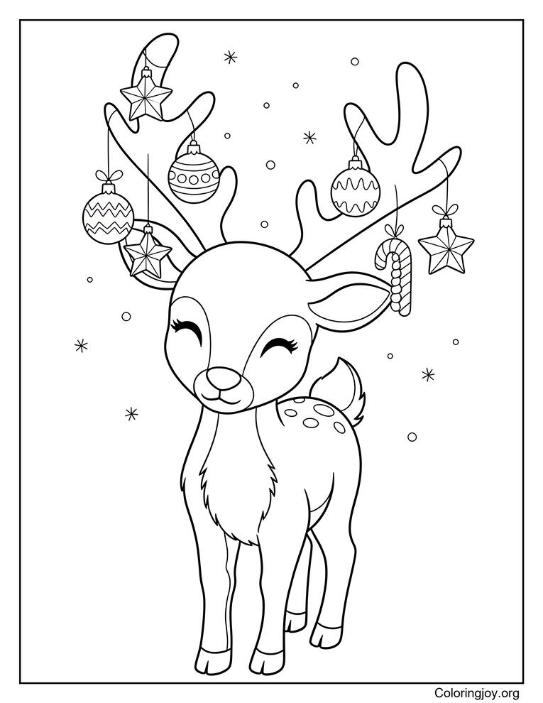Reindeer with Christmas ornaments hanging from antlers coloring page