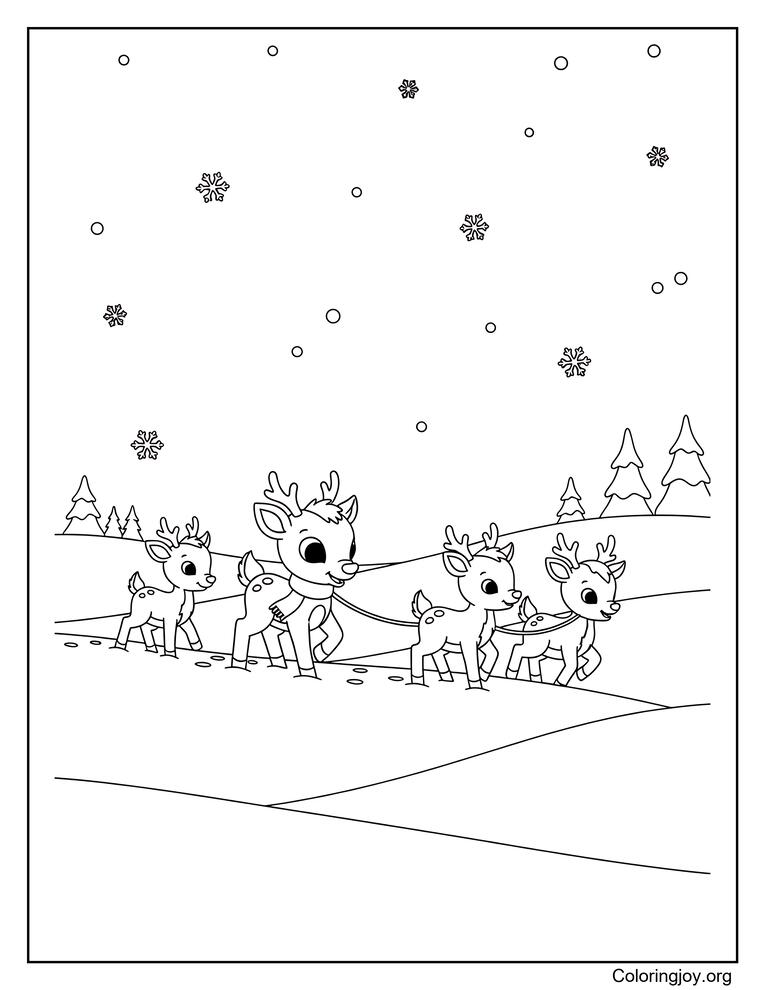 Rudolph guiding lost reindeer through a snowstorm coloring page