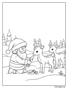 Santa feeding carrots to his reindeer coloring page