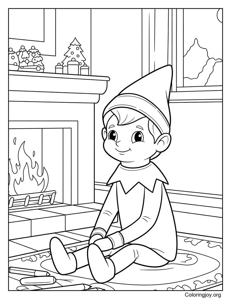 Cozy Fireplace Elf on the Shelf Coloring Page