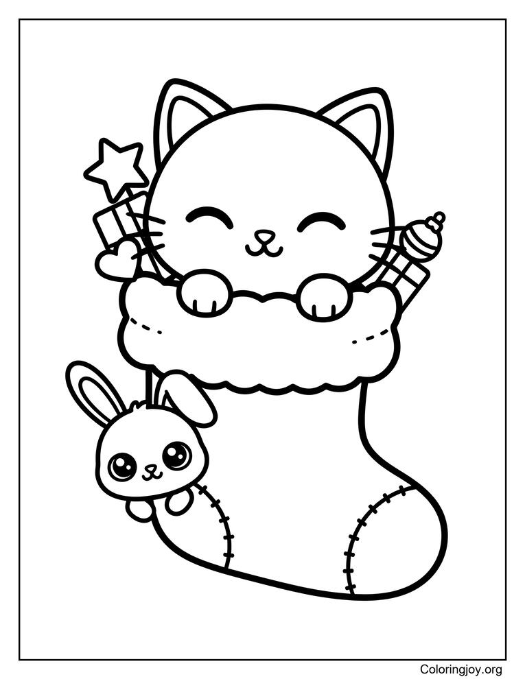 Cozy Kitten in Fluffy Stocking with Gifts Coloring Page