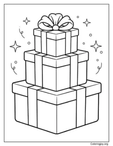 Stack of Gift Boxes with Bows and Stars Coloring Page