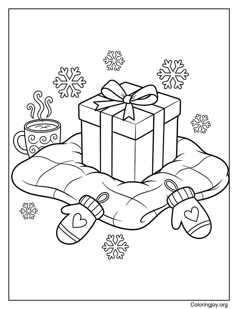 Cozy Winter Gift Box and Holiday Elements Coloring Page