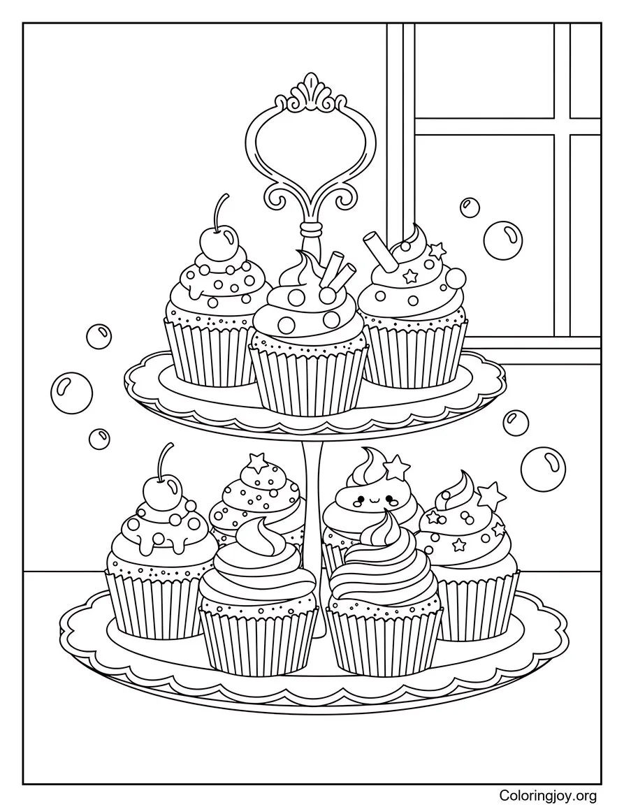 Arrange a fancy two-tiered tray full of decorative cupcakes.