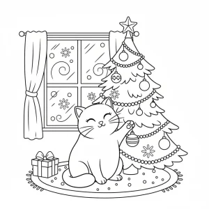 Cute Cat and Christmas Tree Living Room Coloring Page