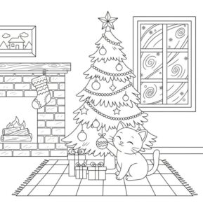 Cat Christmas Tree Coloring Page .