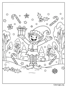 Cute Christmas Elf in Snowy Forest with Gift Coloring Page