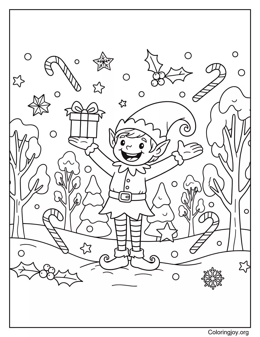 Coloriage d'elfe de Noël mignon dans une forêt enneigée avec un cadeau