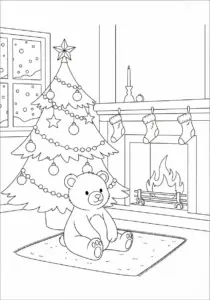 Christmas Tree and Fireplace Coloring Page .