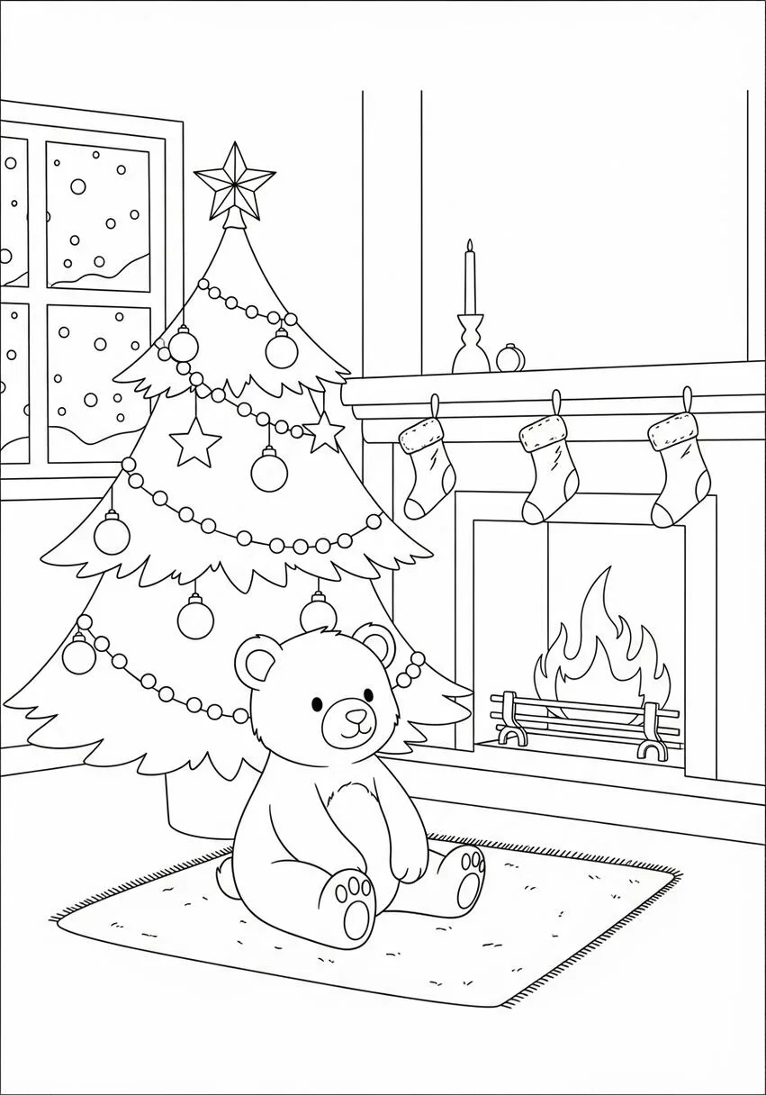 Christmas Tree and Fireplace Coloring Page .