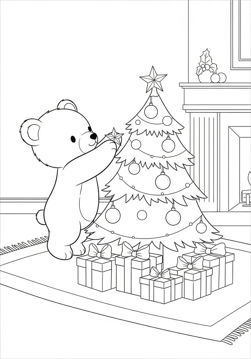Christmas Tree with Presents Coloring Page .