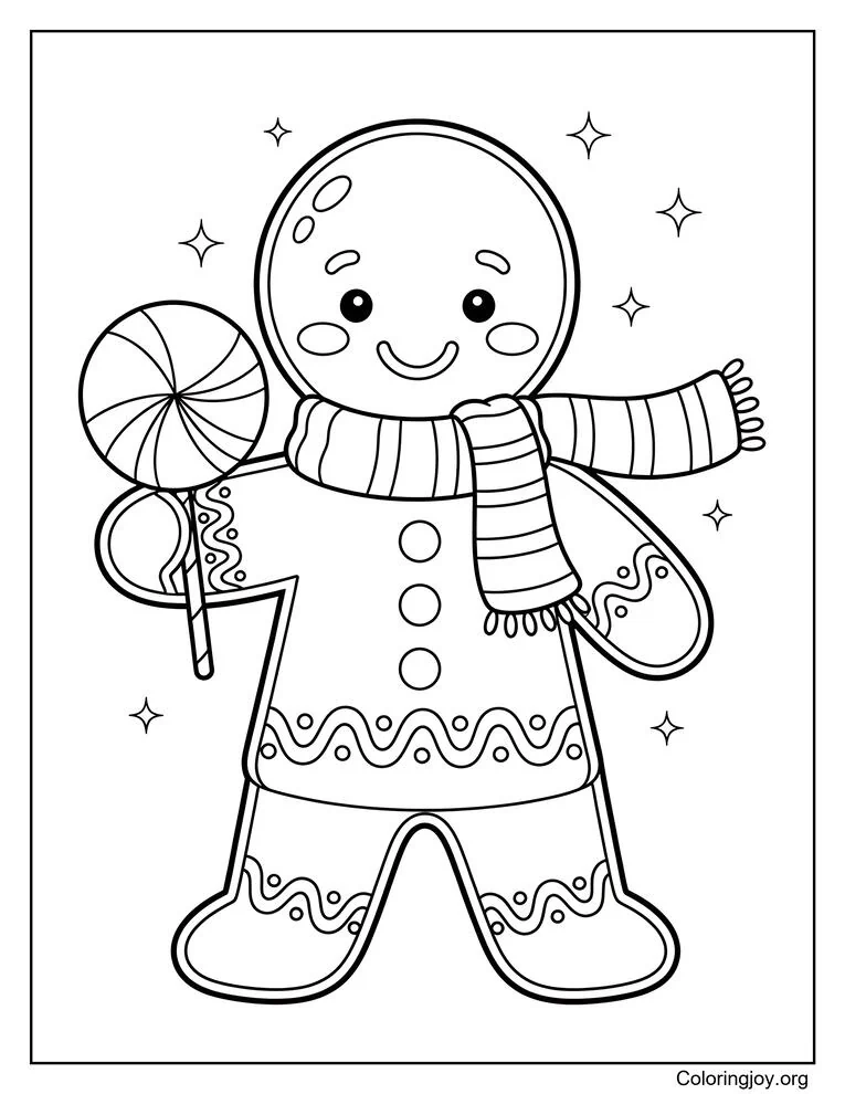 Cute gingerbread boy with wave icing holding peppermint coloring page