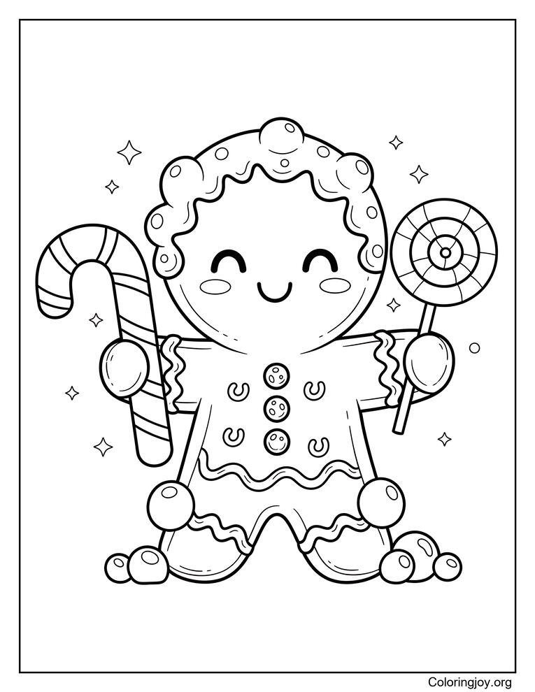 Cute gingerbread child with bubble icing holding candy