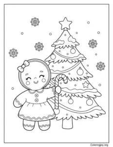 Cute Gingerbread Girl Holding Candy by a Snowy Christmas Tree