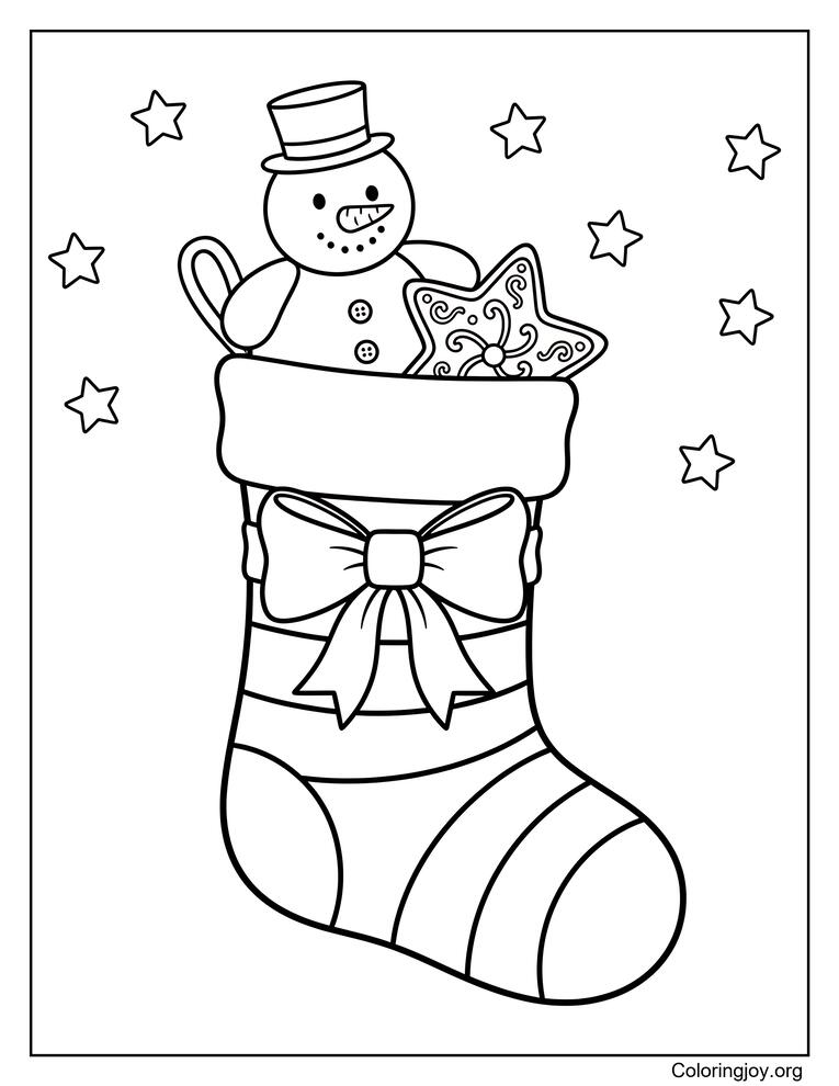 Cute Striped Stocking with Snowman, Cookie, and Bow Coloring Page