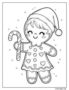 coloring Sheet of Easy gingerbread girl with heart icing holding candy cane