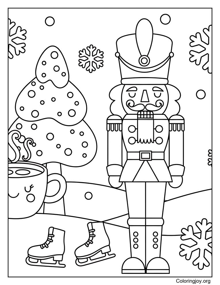 Elegant Nutcracker Coloring Page with Winter Elements