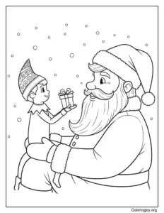 Elf on the Shelf and Santa Claus Gift Exchange Coloring Page