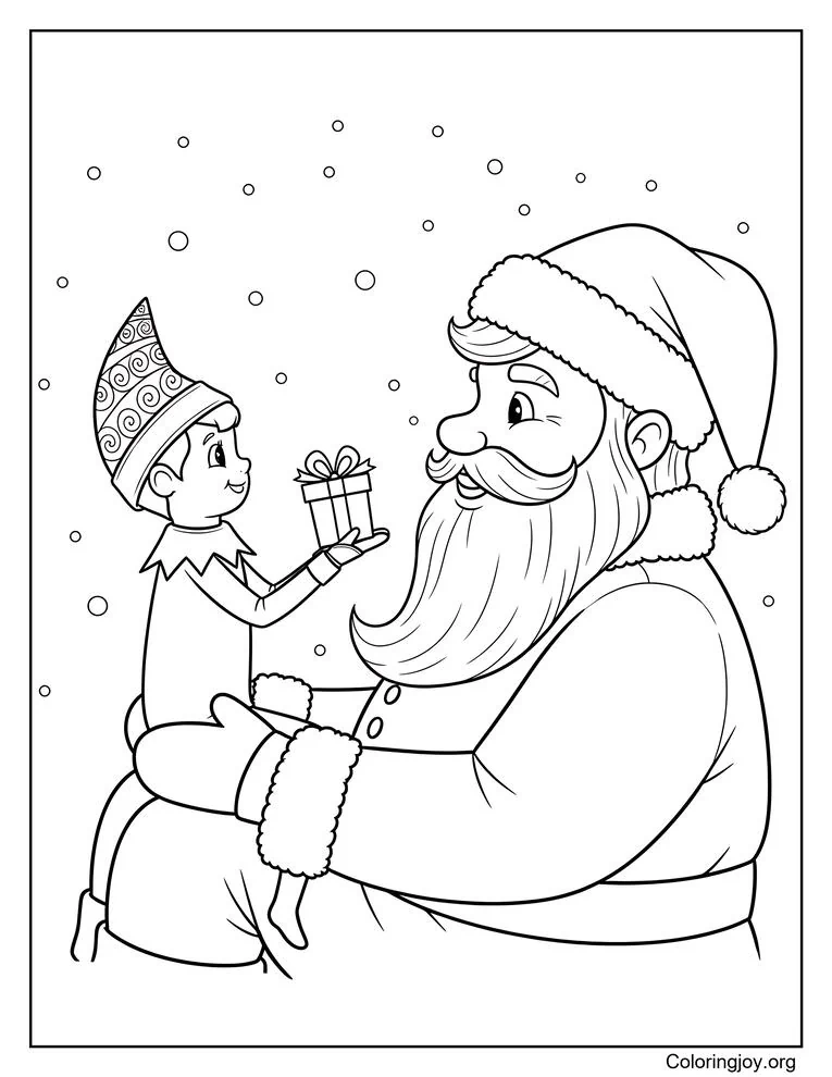 Elf on the Shelf and Santa Claus Gift Exchange Coloring Page