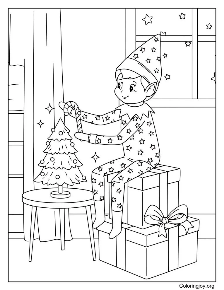 Elf on the Shelf Nighttime Christmas Coloring Page