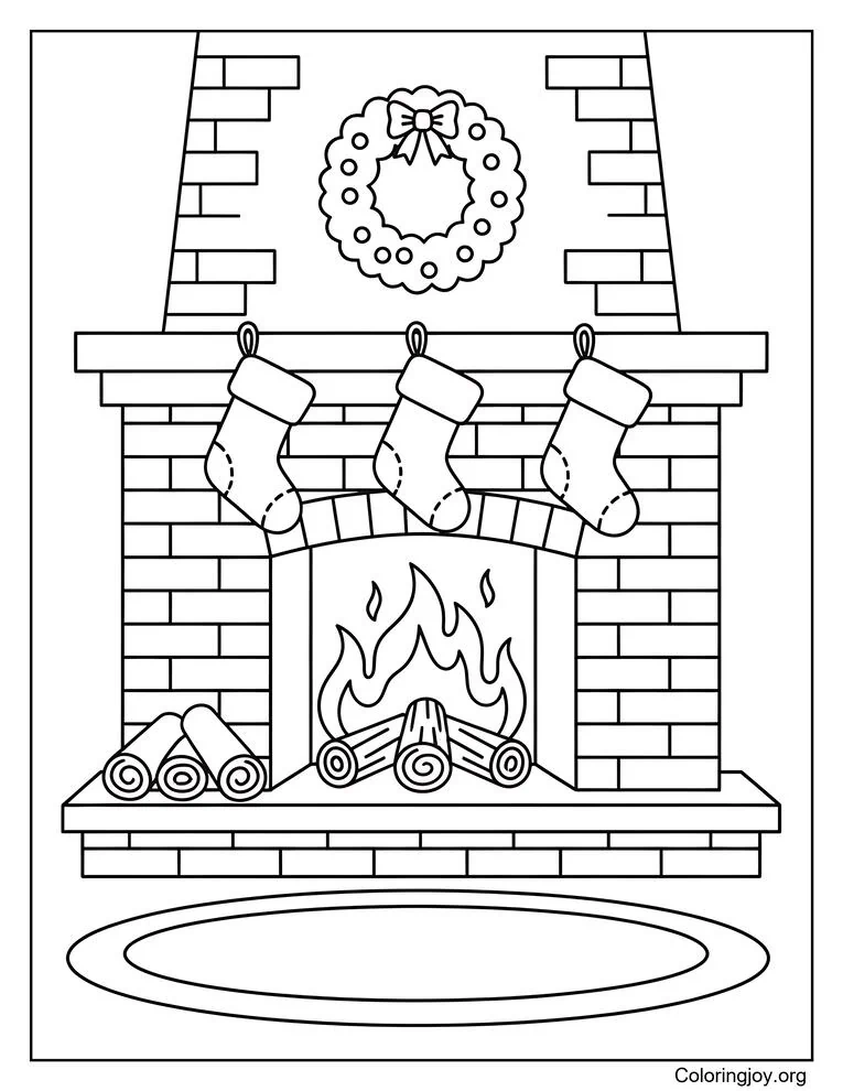 Página para colorear acogedora chimenea con medias colgantes
